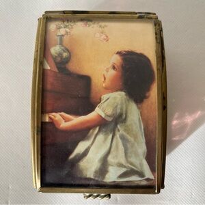 Vintage Brass Glass Music Box Bessie Pease Gutmann Little Girl Playing Piano